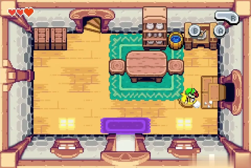 Link crossing the workshop toward the front door