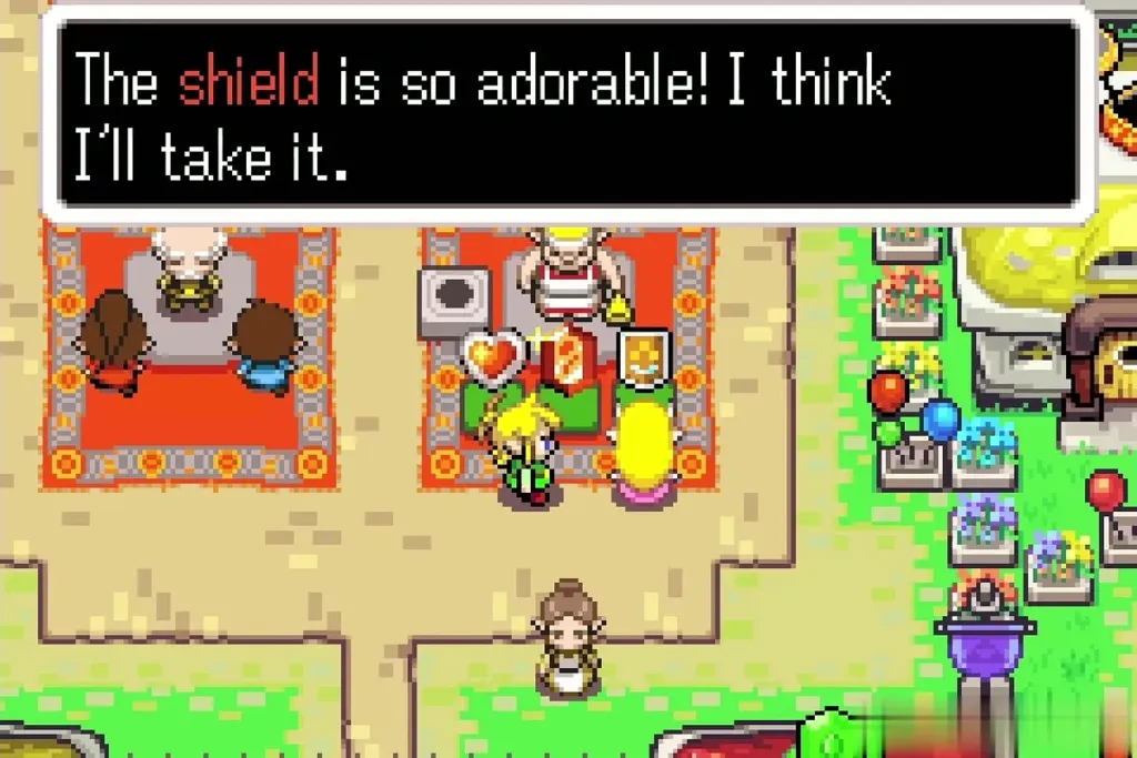 Zelda choosing the small shield at the prize stall