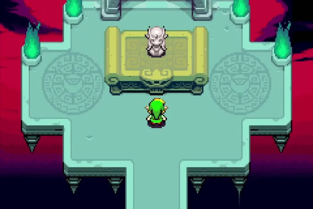 Link standing before the stone Zelda on the dais Link standing before the stone Zelda on the dais