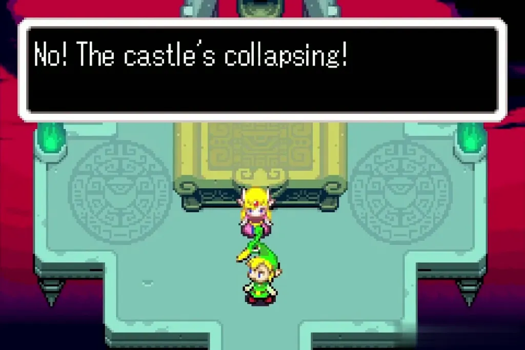 Zelda saying the castle is collapsing as Link joins her Zelda saying the castle is collapsing as Link joins her