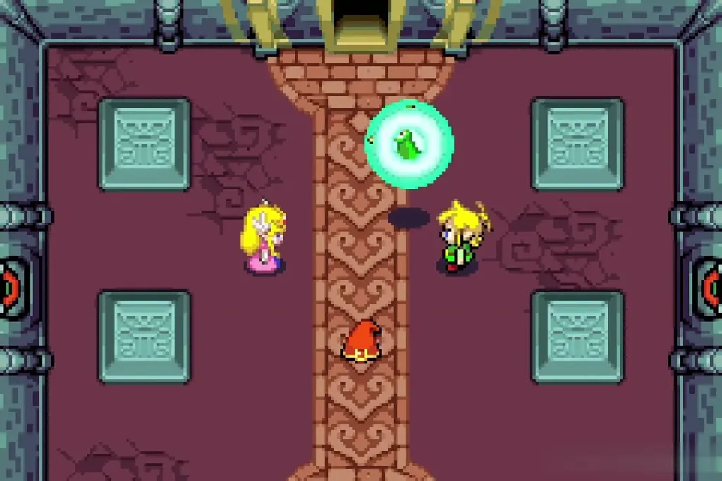 Ezlo appearing in a green glow in the castle hall beside Zelda and Link Ezlo appearing in a green glow in the castle hall beside Zelda and Link