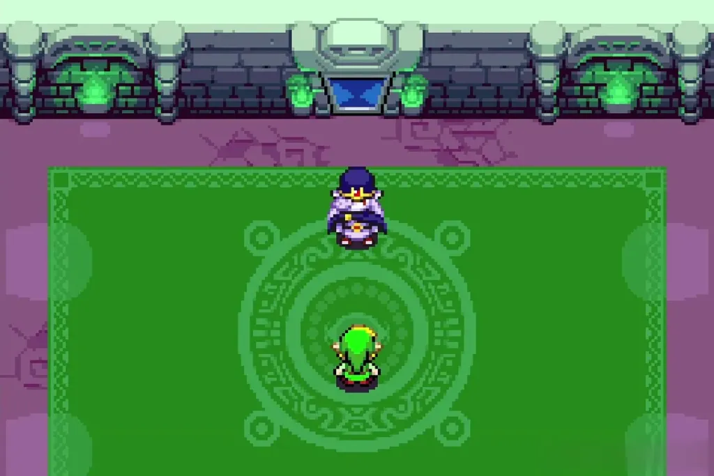 Link and Vaati facing off in the green arena Link and Vaati facing off in the green arena