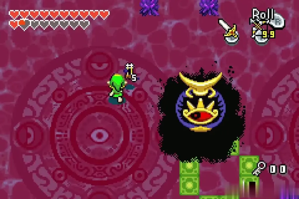 Purple spiked rocks on the floor while Link aims an arrow at the eye Purple spiked rocks on the floor while Link aims an arrow at the eye