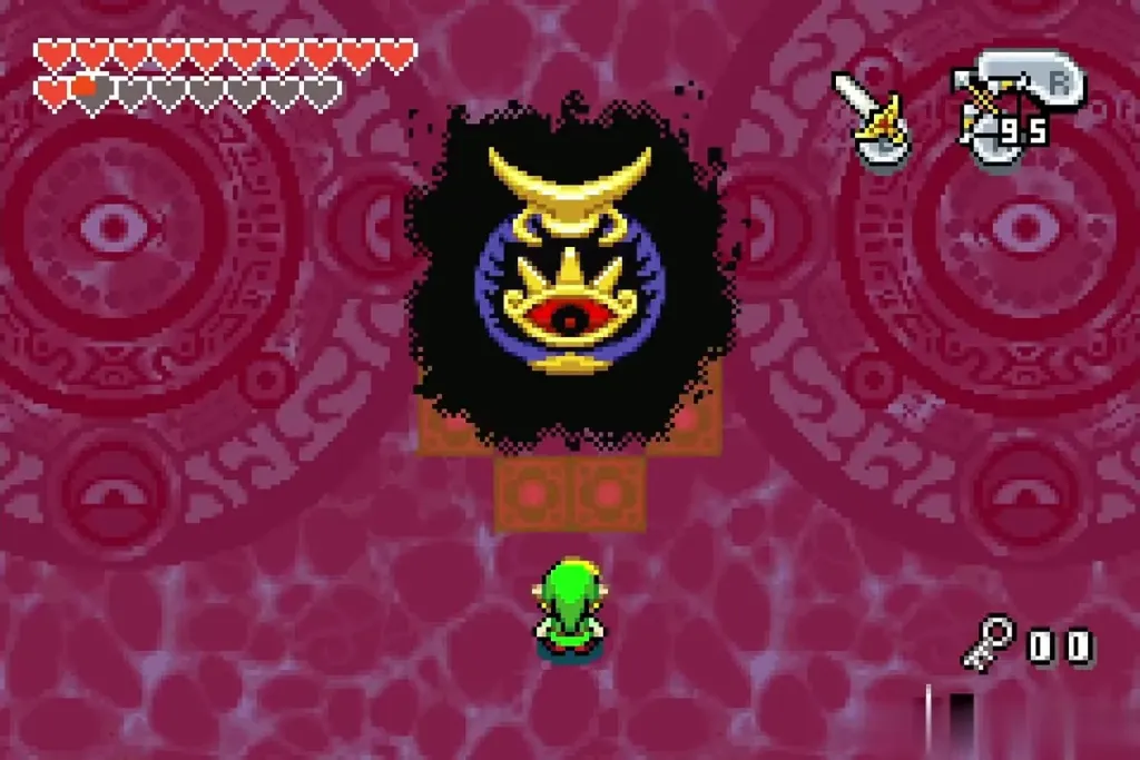Vaati Transfigured as a huge eye in a black shroud above Link Vaati Transfigured as a huge eye in a black shroud above Link