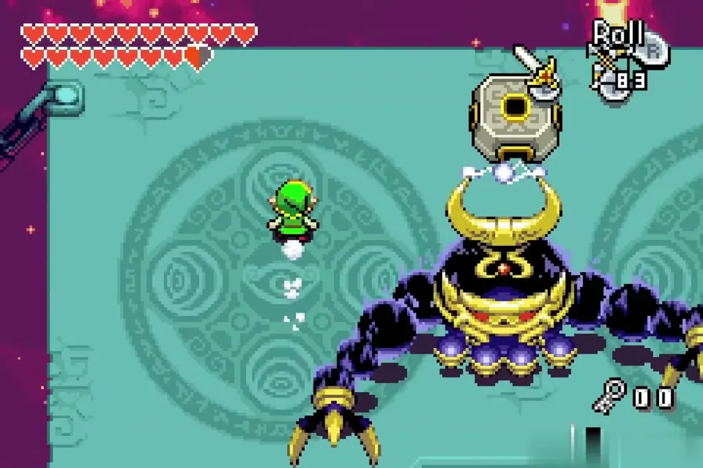 Vaati's Wrath looming near a stone pedestal as Link dodges Vaati's Wrath looming near a stone pedestal as Link dodges