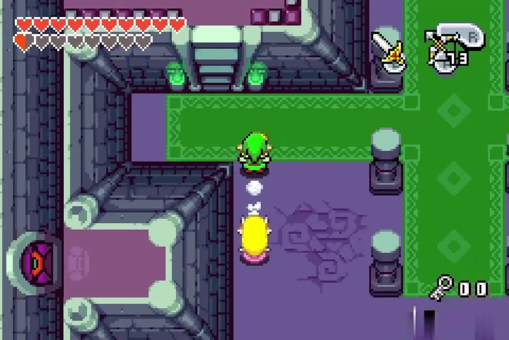 Link leading Zelda through a Dark Hyrule Castle corridor Link leading Zelda through a Dark Hyrule Castle corridor