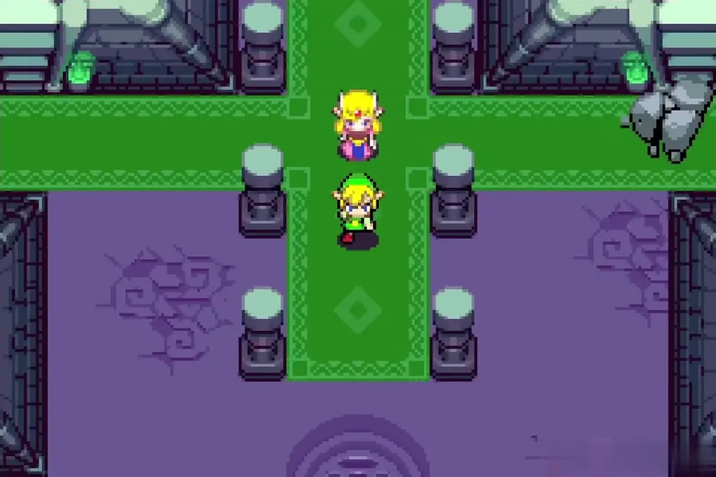 Zelda following Link through the castle hall Zelda following Link through the castle hall