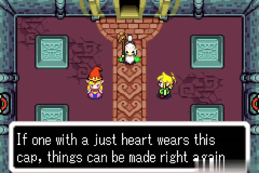 Zelda wearing Ezlo's cap as he speaks of making things right Zelda wearing Ezlo's cap as he speaks of making things right