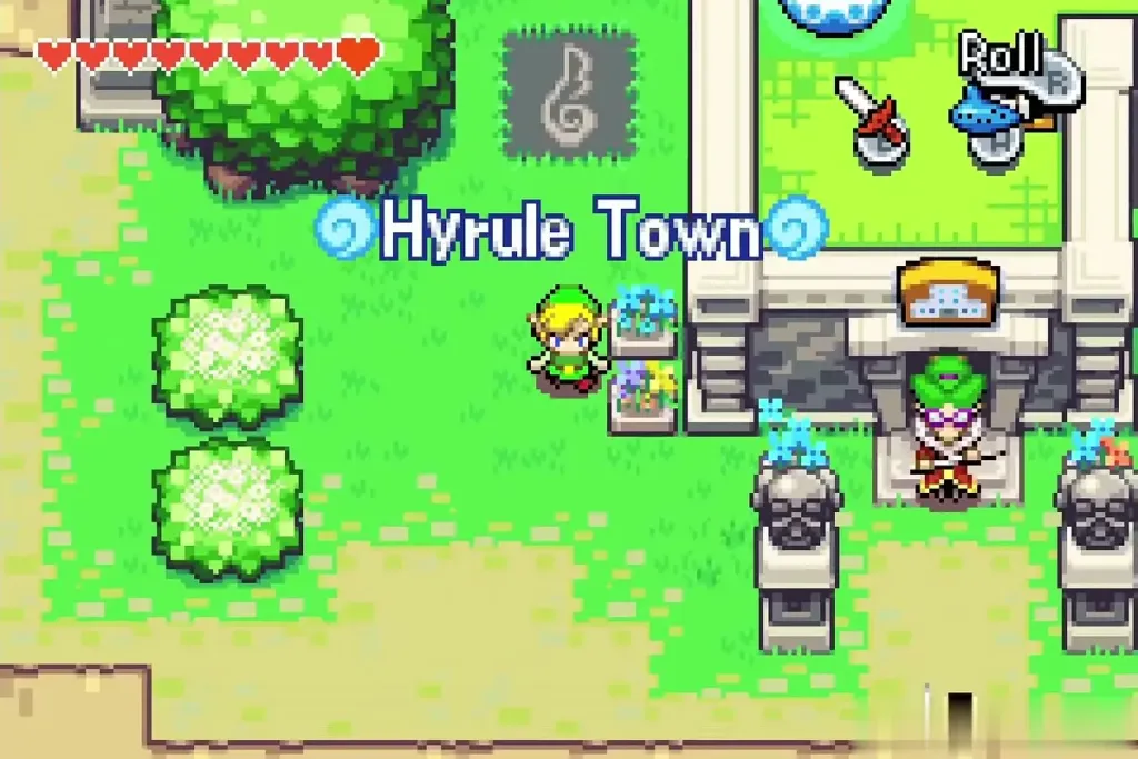 Link arriving at the Hyrule Town Wind Crest tile near the town entrance Link arriving at the Hyrule Town Wind Crest tile near the town entrance