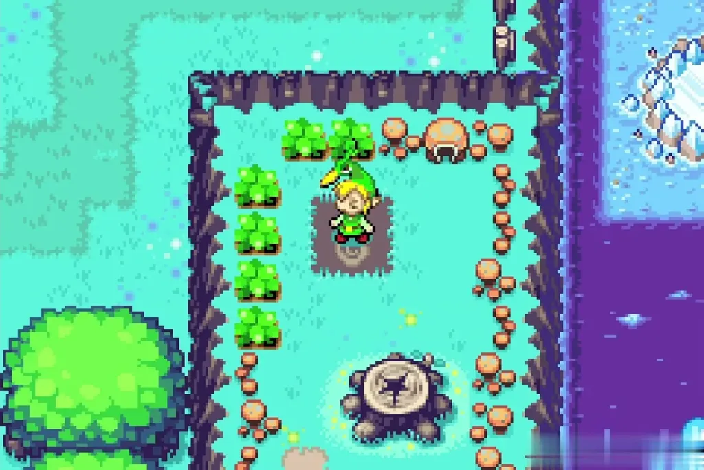 Link on the Lake Hylia Wind Crest tile with the tree stump below Link on the Lake Hylia Wind Crest tile with the tree stump below