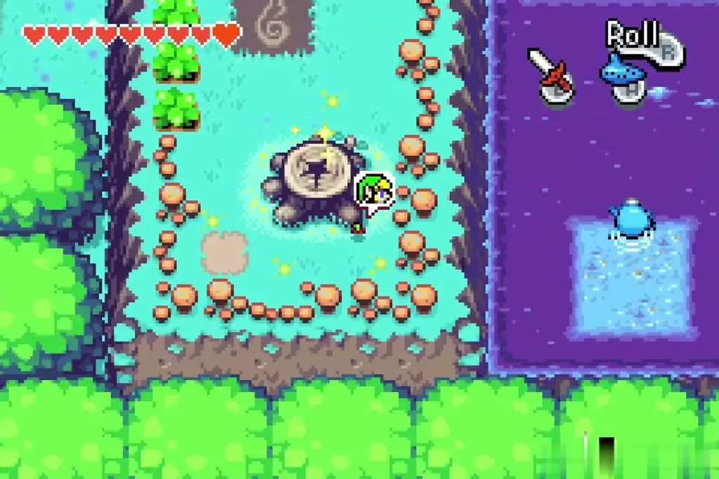 Link beside the Lake Hylia tree stump with the note mark above Link beside the Lake Hylia tree stump with the note mark above