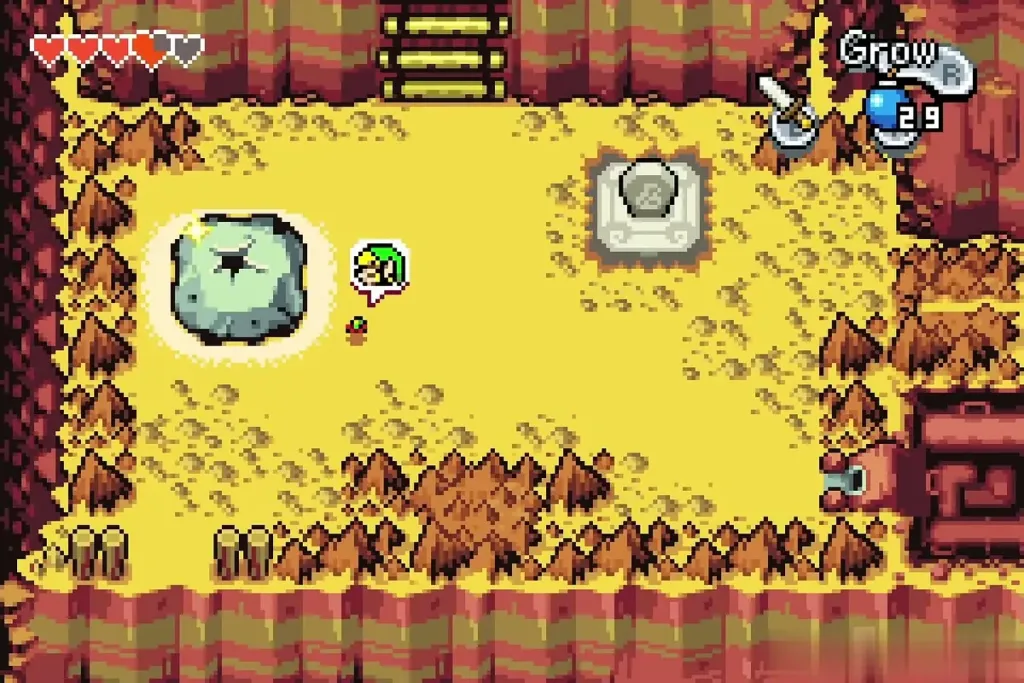 Link beside the portal stone and the stone obelisk outside the mines Link beside the portal stone and the stone obelisk outside the mines