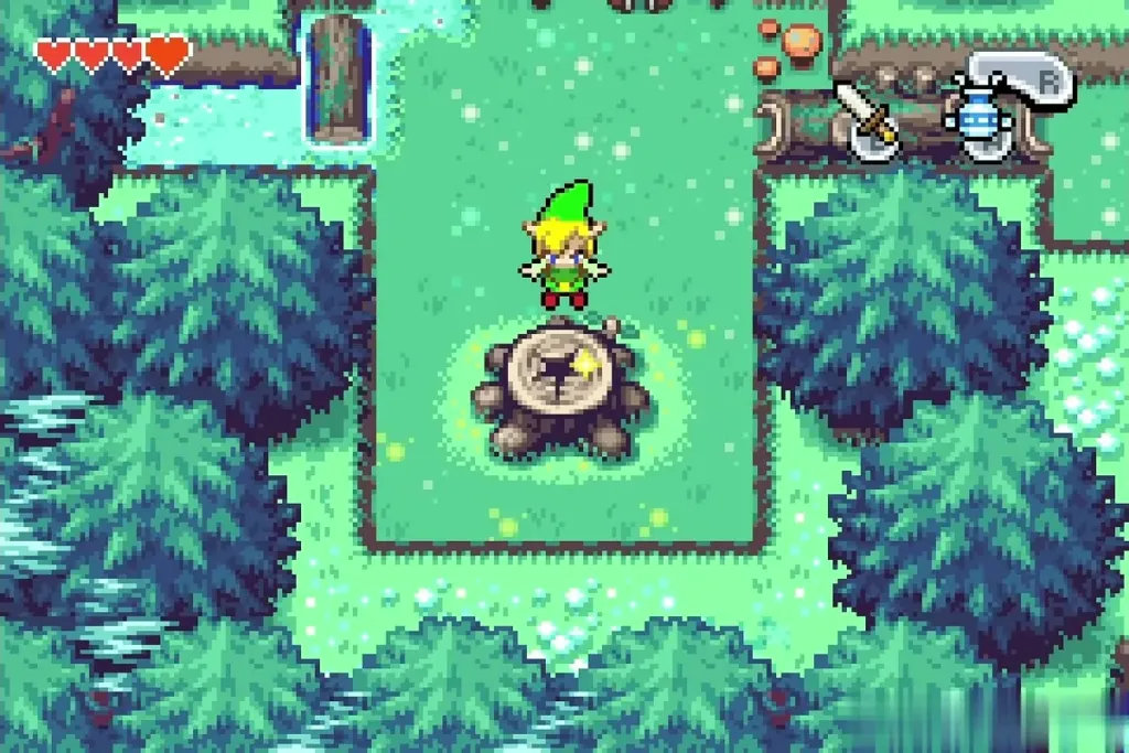 Link at Minish size on the portal stump in the Minish Woods Link at Minish size on the portal stump in the Minish Woods