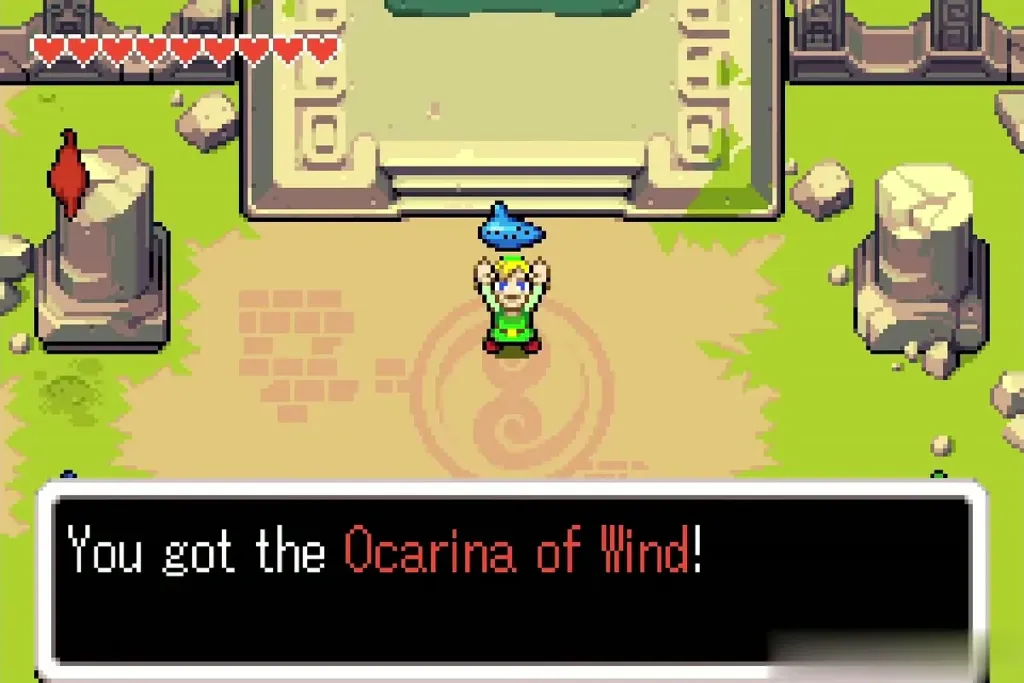 Link holding up the Ocarina of Wind with the full message Link holding up the Ocarina of Wind with the full message