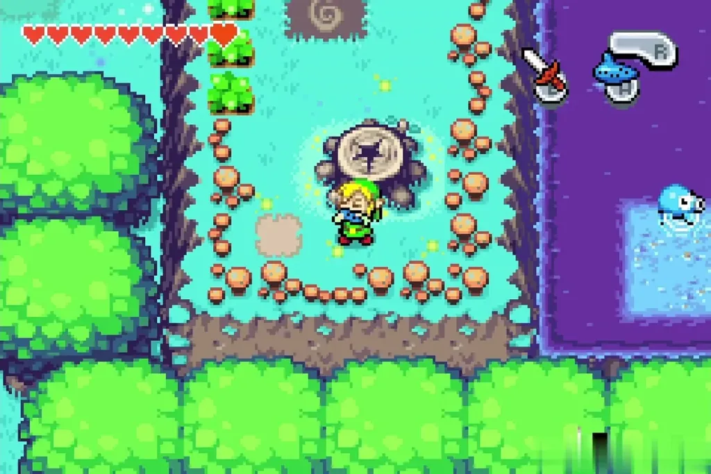 Link standing on the Lake Hylia stump about to grow back Link standing on the Lake Hylia stump about to grow back