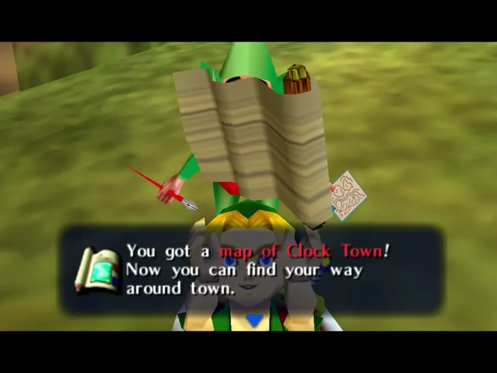 Link holds up the map of Clock Town as Tingle stands behind, the box saying he can now find his way around town Link holds up the map of Clock Town as Tingle stands behind, the box saying he can now find his way around town