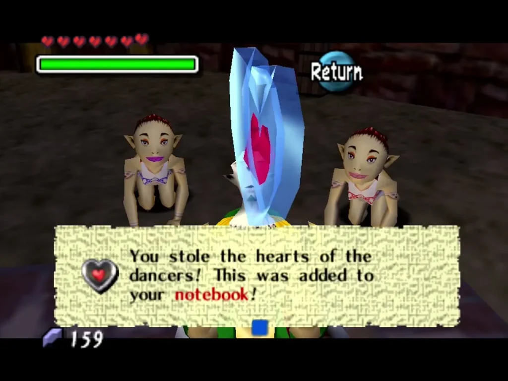 Link holds a Piece of Heart between two dancers, the box saying he stole their hearts and it went into his notebook Link holds a Piece of Heart between two dancers, the box saying he stole their hearts and it went into his notebook