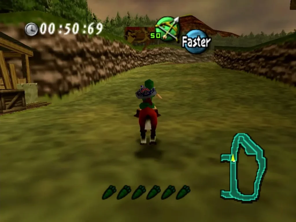 Link rides Epona along Gorman Track with the race timer, the course map and a row of carrots on screen Link rides Epona along Gorman Track with the race timer, the course map and a row of carrots on screen