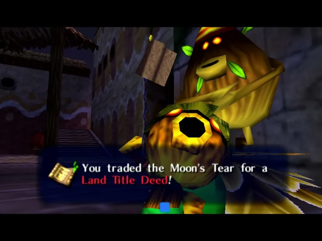 Deku Link beside a Business Scrub, the box reading You traded the Moon's Tear for a Land Title Deed Deku Link beside a Business Scrub, the box reading You traded the Moon's Tear for a Land Title Deed