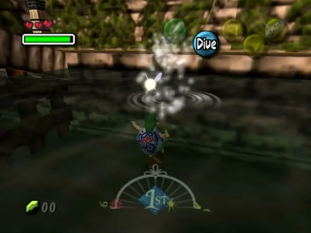 Link wades in the Laundry Pool in Clock Town as the glowing Stray Fairy hovers above the splashing water Link wades in the Laundry Pool in Clock Town as the glowing Stray Fairy hovers above the splashing water