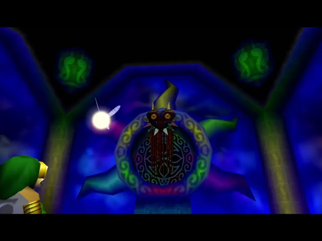 Majora's Mask hovering in the blue final arena as Link and Tatl face it Majora's Mask hovering in the blue final arena as Link and Tatl face it