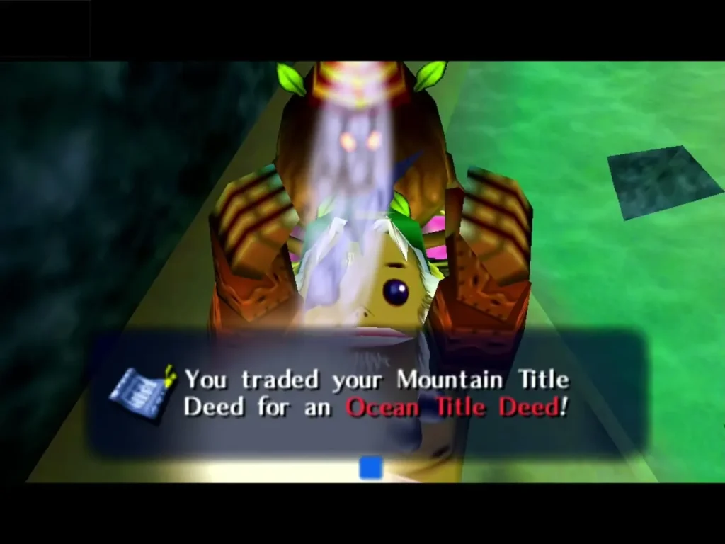Goron Link beside a Business Scrub, the box saying he traded his Mountain Title Deed for an Ocean Title Deed Goron Link beside a Business Scrub, the box saying he traded his Mountain Title Deed for an Ocean Title Deed
