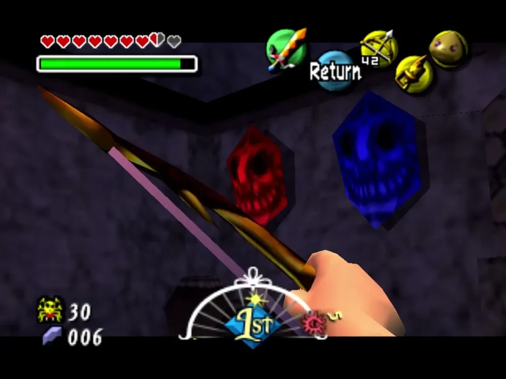 Link draws his bow at the red and blue skull masks on a wall of the Oceanside Spider House Link draws his bow at the red and blue skull masks on a wall of the Oceanside Spider House