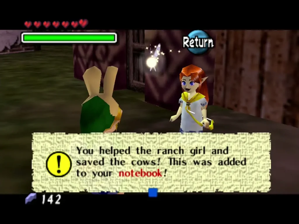 Romani stands beside Link in the Bunny Hood, the box saying he helped the ranch girl and the entry went into his notebook Romani stands beside Link in the Bunny Hood, the box saying he helped the ranch girl and the entry went into his notebook