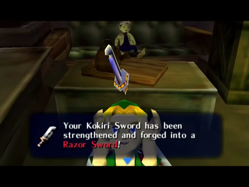 Link holds up the new Razor Sword at the smithy, the box saying his Kokiri Sword was forged into a Razor Sword Link holds up the new Razor Sword at the smithy, the box saying his Kokiri Sword was forged into a Razor Sword