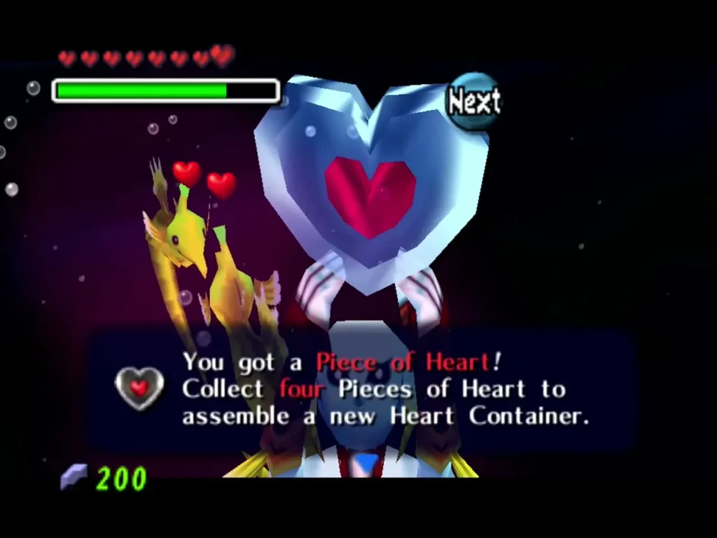 Zora Link holds up a Piece of Heart beside two seahorses, the box saying four pieces assemble a new Heart Container Zora Link holds up a Piece of Heart beside two seahorses, the box saying four pieces assemble a new Heart Container