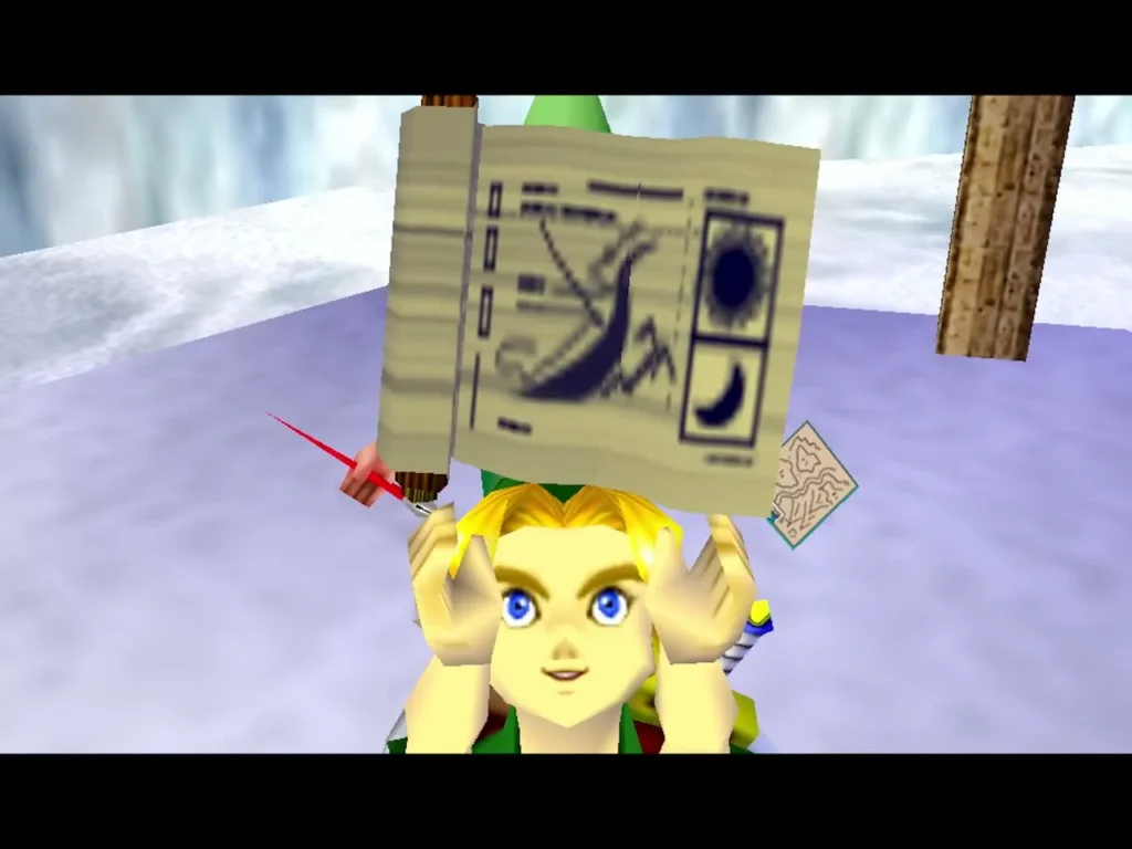 Link holds a Tingle map above his head on the snowy road, Tingle's pen and map behind him Link holds a Tingle map above his head on the snowy road, Tingle's pen and map behind him