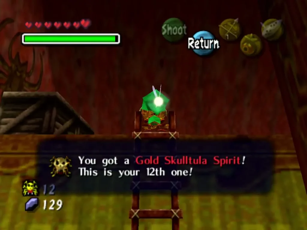 Deku Link on a ladder in the Swamp Spider House, the box saying he got his 12th Gold Skulltula Spirit Deku Link on a ladder in the Swamp Spider House, the box saying he got his 12th Gold Skulltula Spirit