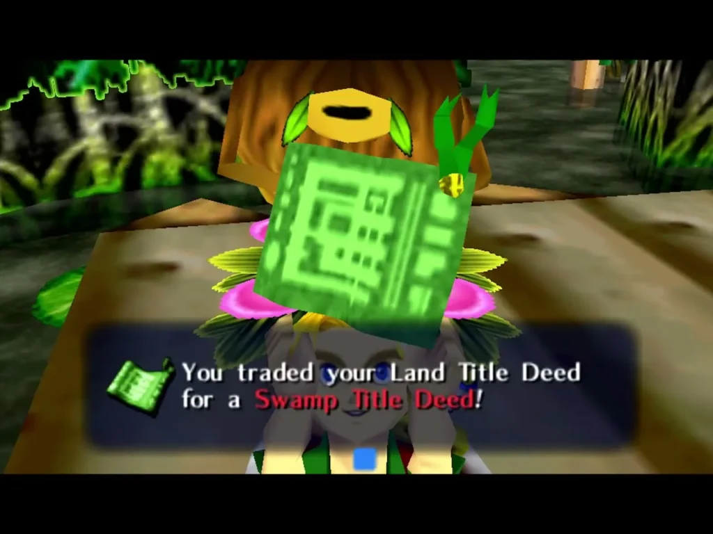 A Business Scrub holds up the Swamp Title Deed, the box saying Link traded his Land Title Deed for it A Business Scrub holds up the Swamp Title Deed, the box saying Link traded his Land Title Deed for it