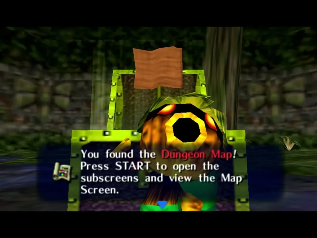 Deku Link holds up the Dungeon Map from a Woodfall Temple chest, the box reading You found the Dungeon Map Deku Link holds up the Dungeon Map from a Woodfall Temple chest, the box reading You found the Dungeon Map