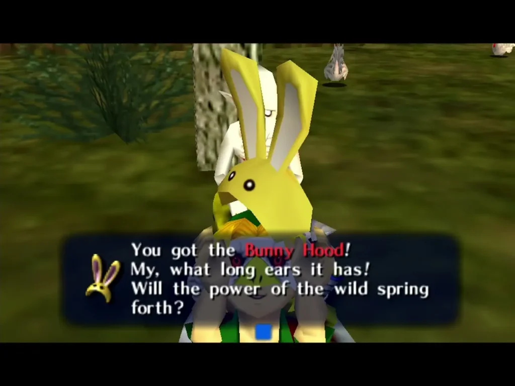 Link wearing the Bunny Hood with its long yellow ears up, as the box says he got it and the wild spring Link wearing the Bunny Hood with its long yellow ears up, as the box says he got it and the wild spring