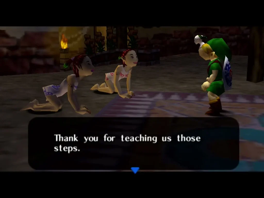 Two red-haired dancers crawl on the West Clock Town floor saying Thank you for teaching us those steps, Link standing by Two red-haired dancers crawl on the West Clock Town floor saying Thank you for teaching us those steps, Link standing by