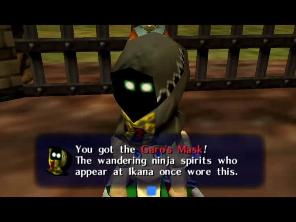 Link wears the Garo's Mask, its message box fully shown, after the Gorman Track race Link wears the Garo's Mask, its message box fully shown, after the Gorman Track race