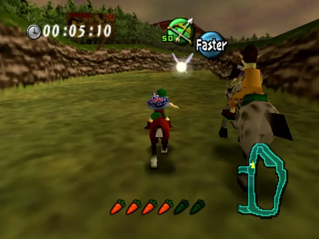 Link rides Epona on Gorman Track, carrots lined up at the bottom of the screen during the race Link rides Epona on Gorman Track, carrots lined up at the bottom of the screen during the race
