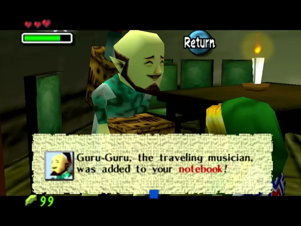 Guru-Guru the traveling musician smiling by a table as the box says he was added to the notebook Guru-Guru the traveling musician smiling by a table as the box says he was added to the notebook