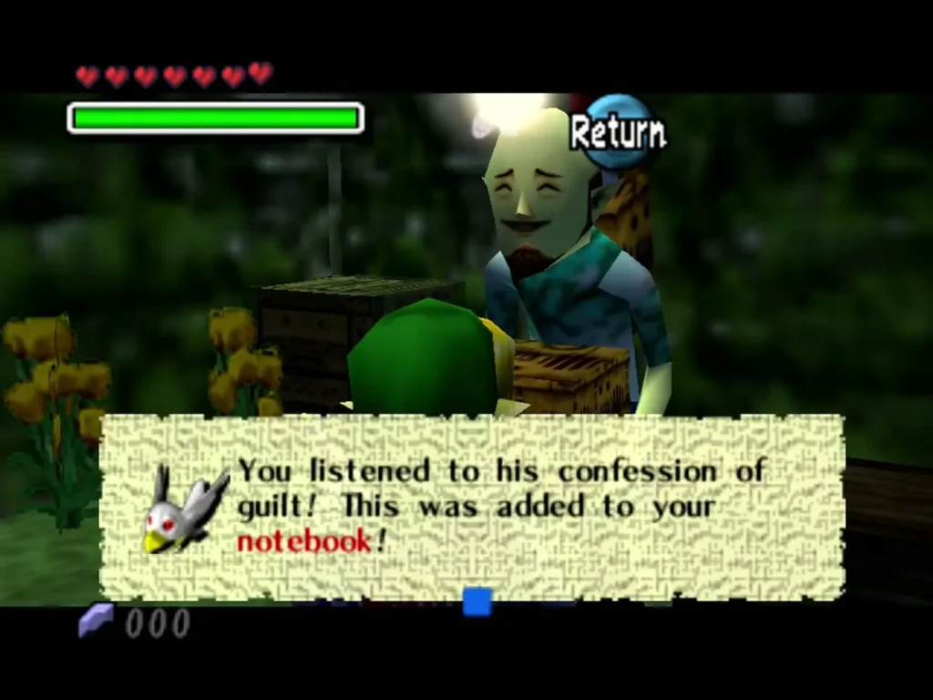 Guru-Guru at the pool smiling beside Link as the box says Link listened to his confession and it was added to the notebook Guru-Guru at the pool smiling beside Link as the box says Link listened to his confession and it was added to the notebook