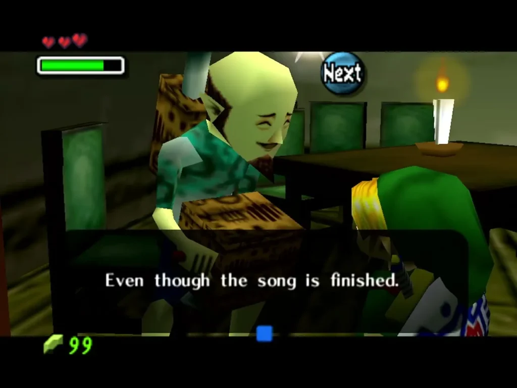 Guru-Guru the musician in the room with his music box, saying even though the song is finished, with Link beside the table Guru-Guru the musician in the room with his music box, saying even though the song is finished, with Link beside the table