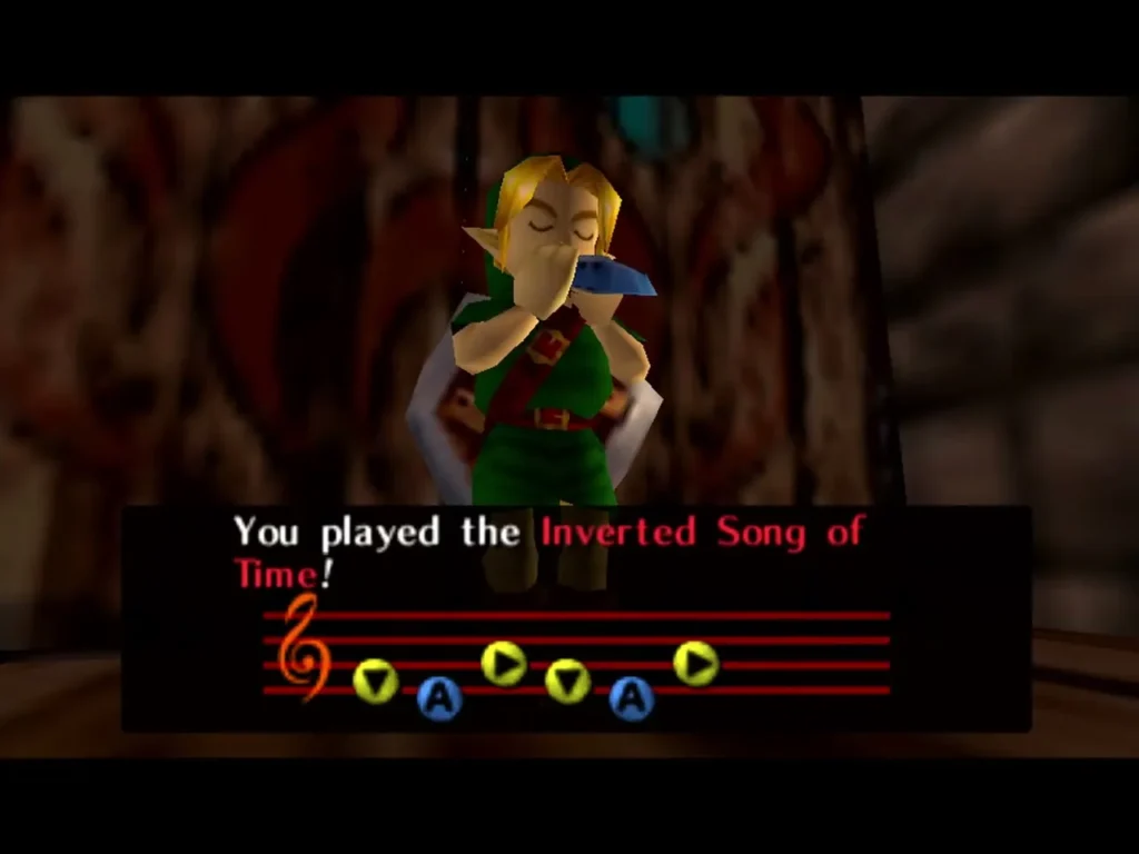 Link plays the Inverted Song of Time on his ocarina, the song name shown in the box Link plays the Inverted Song of Time on his ocarina, the song name shown in the box