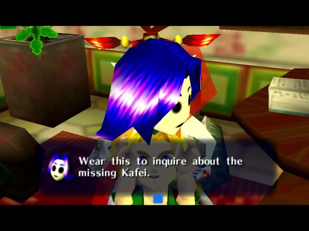 Link in Kafei's Mask as the box says to wear it to inquire about the missing Kafei Link in Kafei's Mask as the box says to wear it to inquire about the missing Kafei