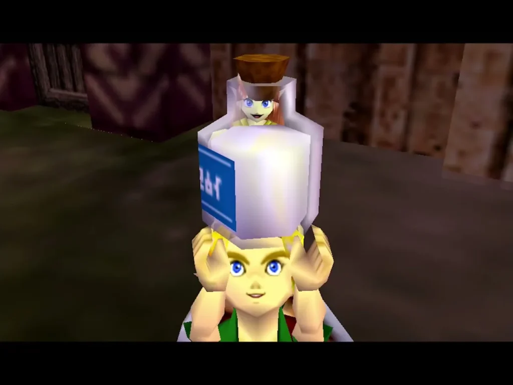 Link holding the Milk Bottle overhead at Romani's ranch after the cows are kept safe Link holding the Milk Bottle overhead at Romani's ranch after the cows are kept safe