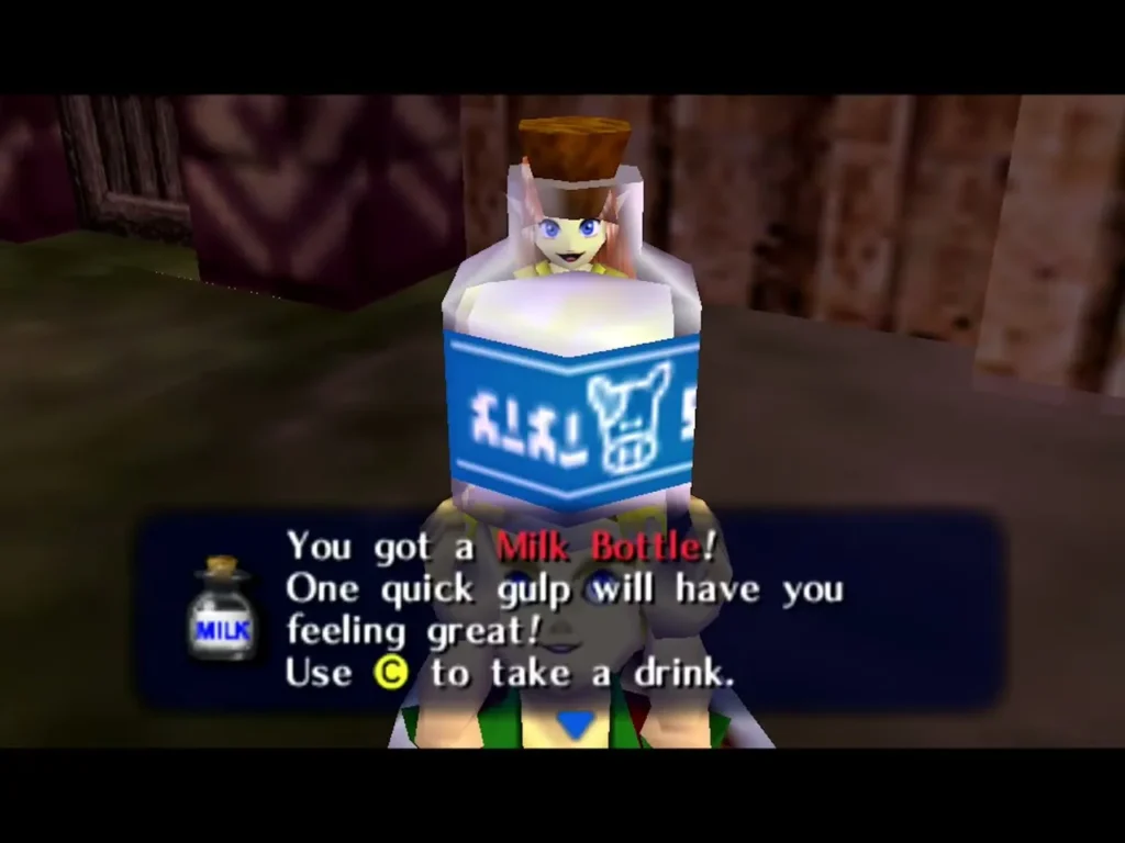 Link holding up the Milk Bottle, the box reading You got a Milk Bottle! on screen Link holding up the Milk Bottle, the box reading You got a Milk Bottle! on screen
