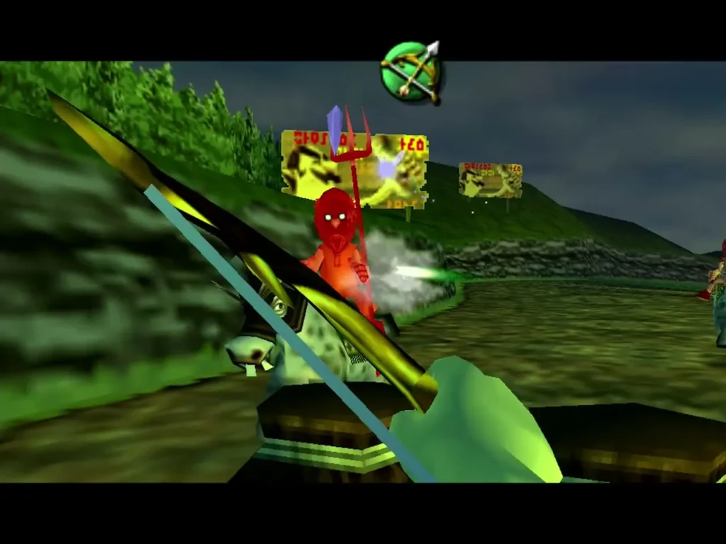 Link's arrow striking a red-masked Gorman rider beside the cart Link's arrow striking a red-masked Gorman rider beside the cart