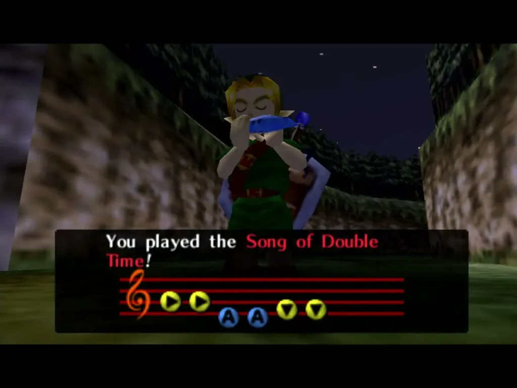 Link plays the Song of Double Time on a night road, the song name shown in the box Link plays the Song of Double Time on a night road, the song name shown in the box