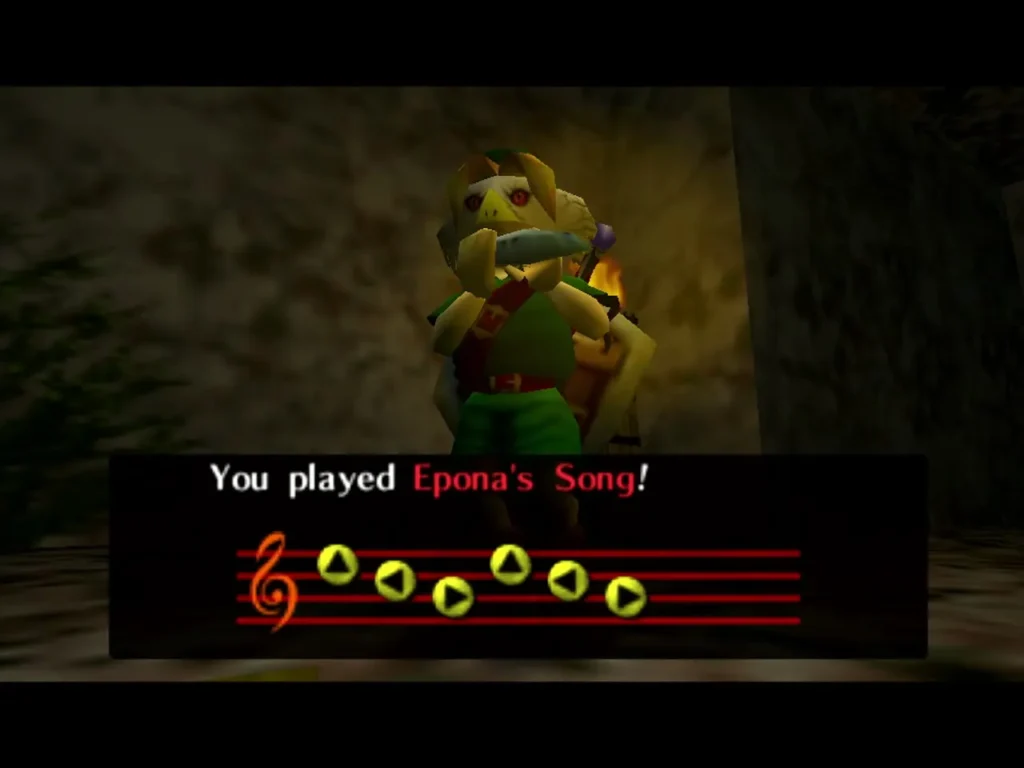 Link in the Bremen Mask playing his ocarina, the box reading You played Epona's Song Link in the Bremen Mask playing his ocarina, the box reading You played Epona's Song