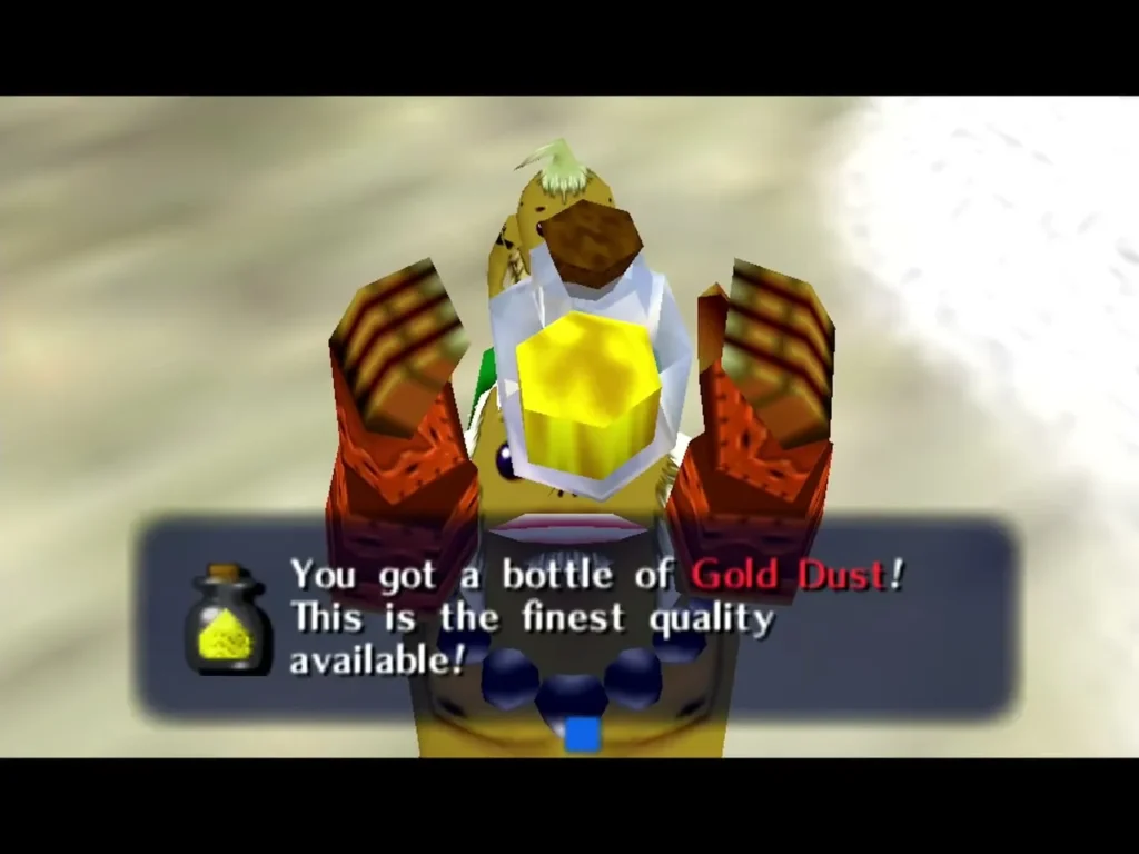 Goron Link with its name box for the bottle of Gold Dust on screen Goron Link with its name box for the bottle of Gold Dust on screen
