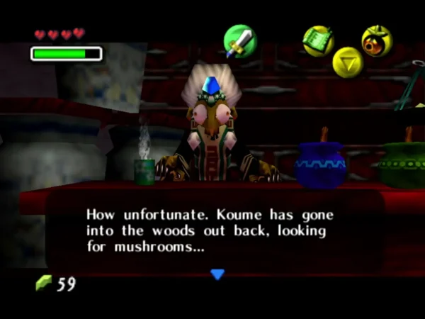 The swamp potion shop witch behind her counter, saying Koume has gone into the woods looking for mushrooms The swamp potion shop witch behind her counter, saying Koume has gone into the woods looking for mushrooms